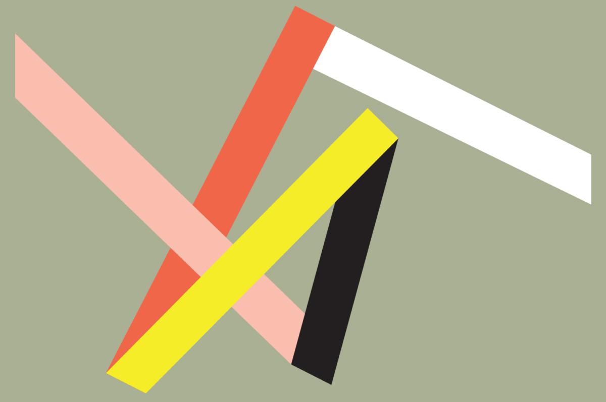 This is a graphic which is on a green background, there are strips of different colours, which include white, red, pink, yellow, and black.