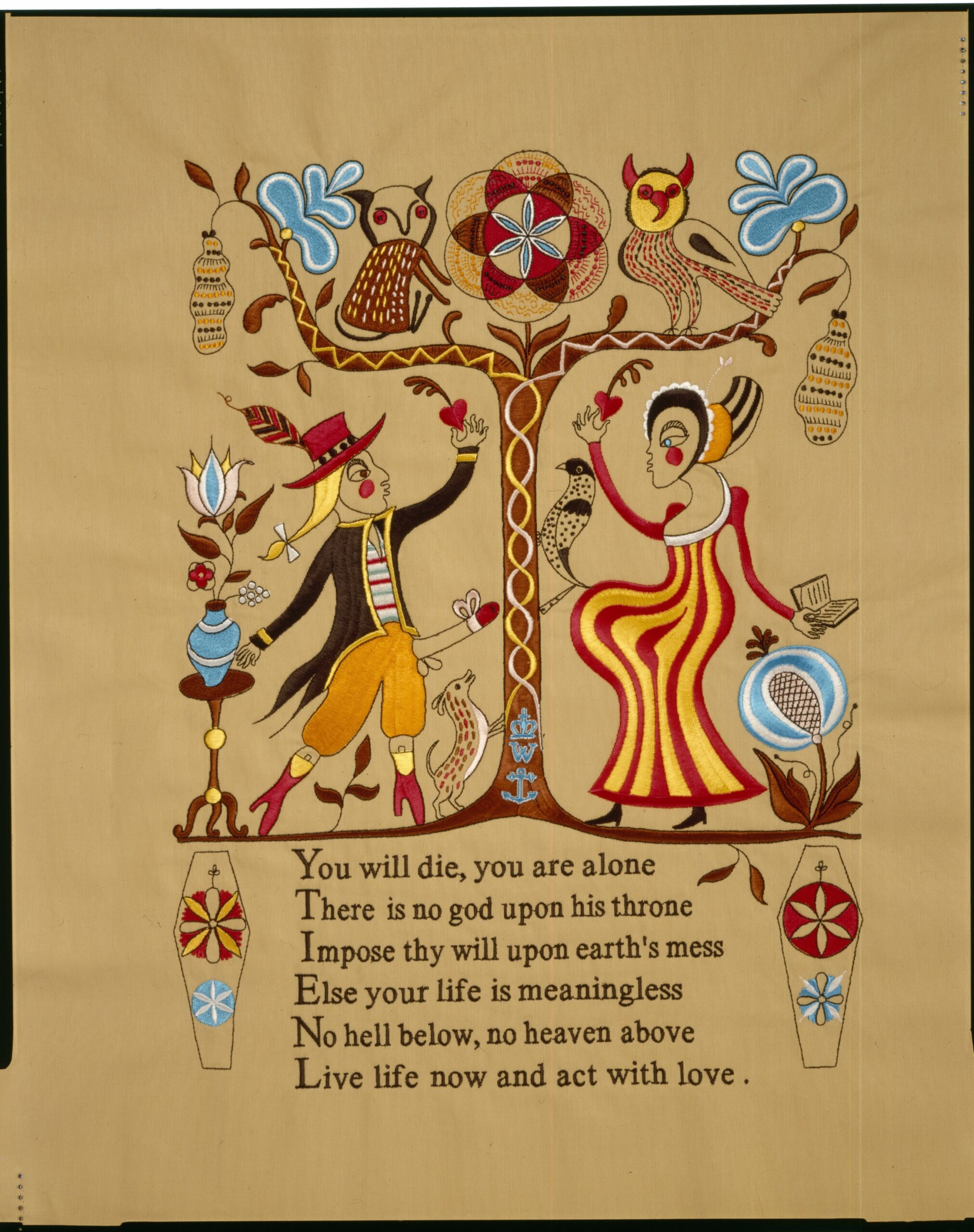 Print of two figures with a tree in-between them. To the left, a male figure holds and apple, wearing bright orange trousers, a black coat and a red hat. To the right a female figure wearing a yellow and red vertical striped dress. Around them there are animals and flowers.