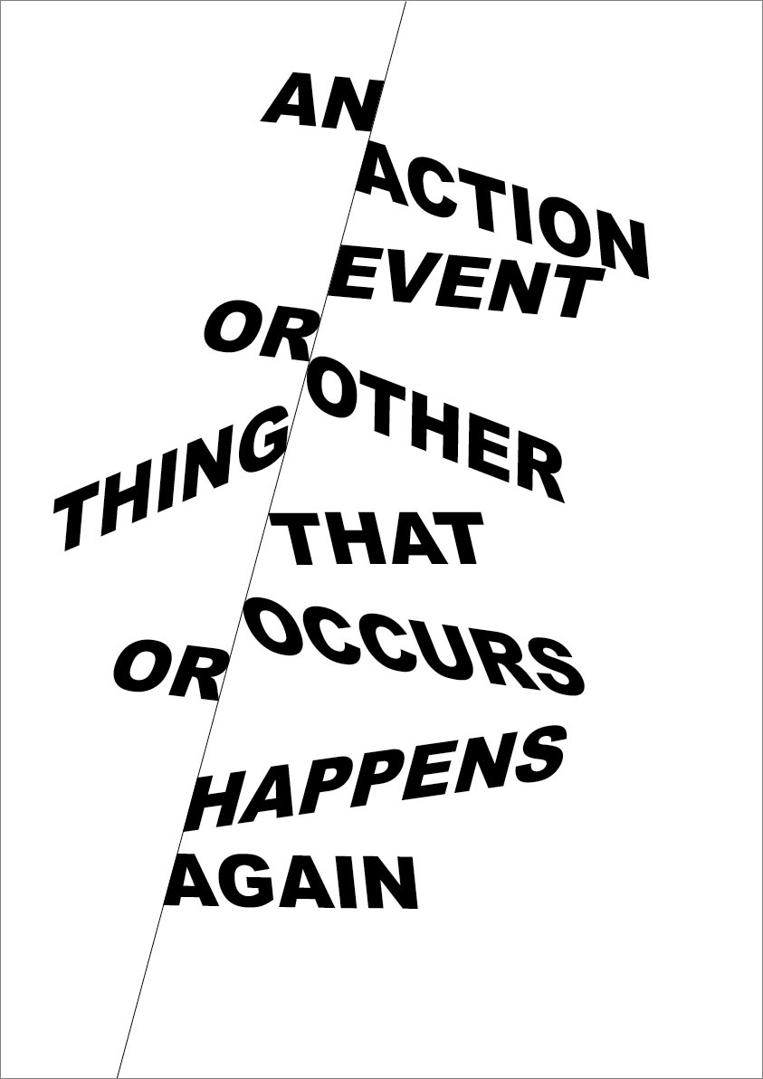 The event title, and action event or other thing that happens again is displayed with a vertical line which separates the text. This line is slanted and on the right says "An or thing or" and on the left says action even other that occurs happens again.