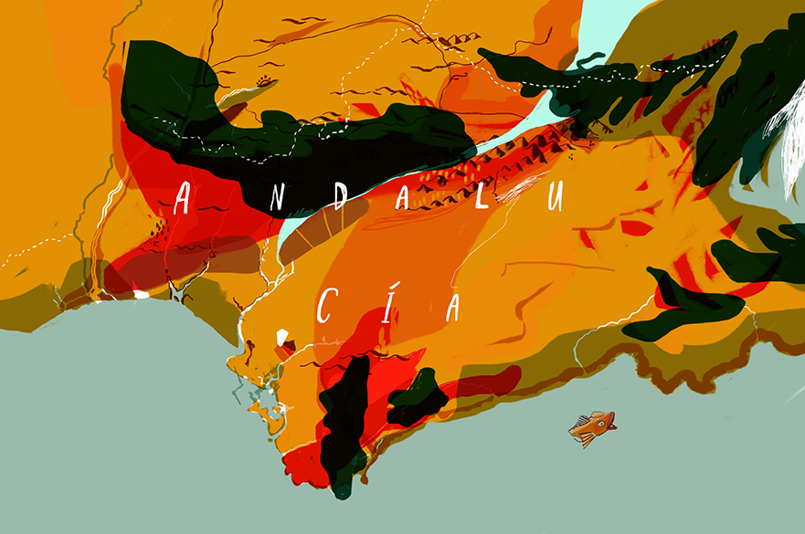 A colourful abstract map of the region of Andalucia Spain in various shades of orange, red, green and brown with the word ANDALUCIA written across the map.