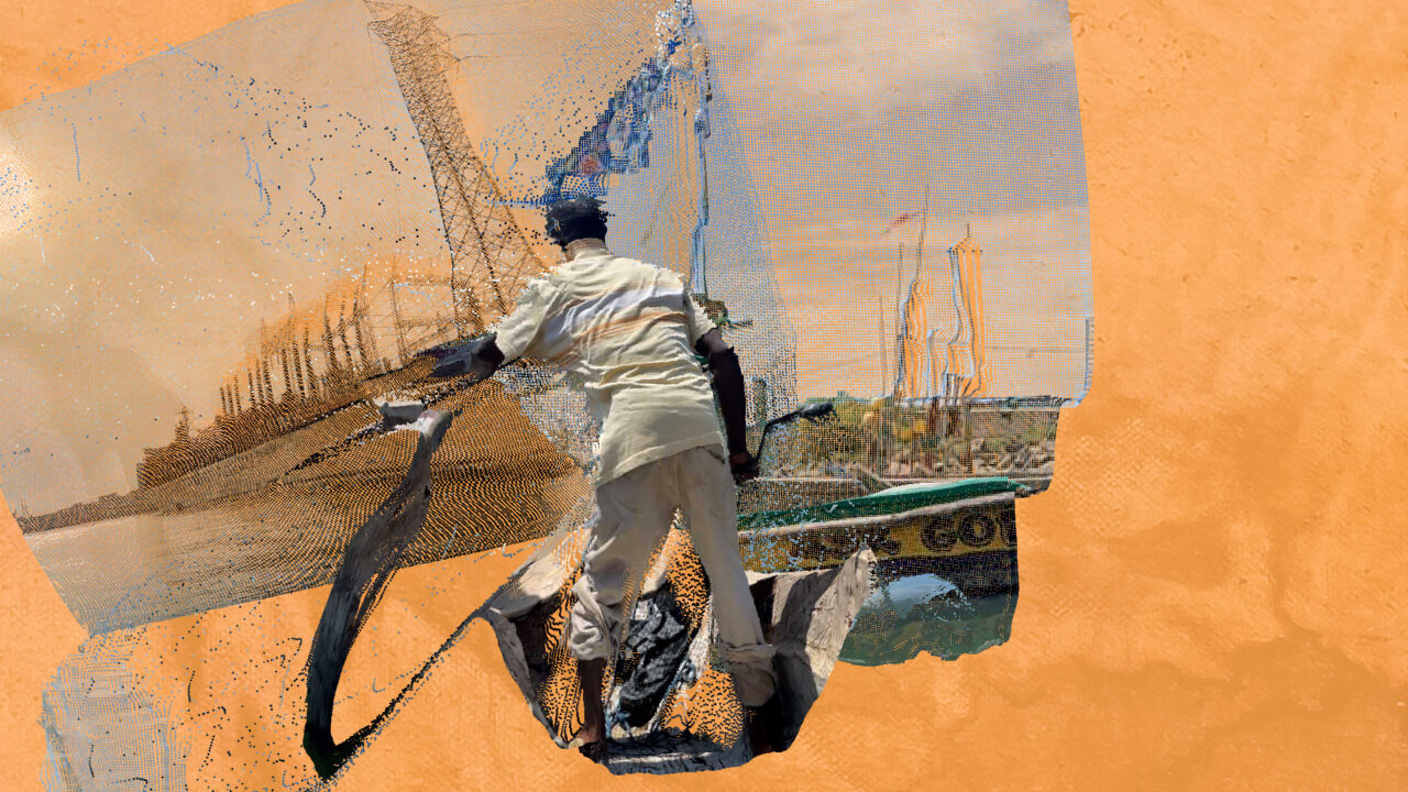 A digital artwork featuring a person in light-colored clothing standing with their back to the viewer, holding onto a large piece of fabric or net. The background is an abstract blend of orange and beige tones with distorted images of industrial structures and boats.