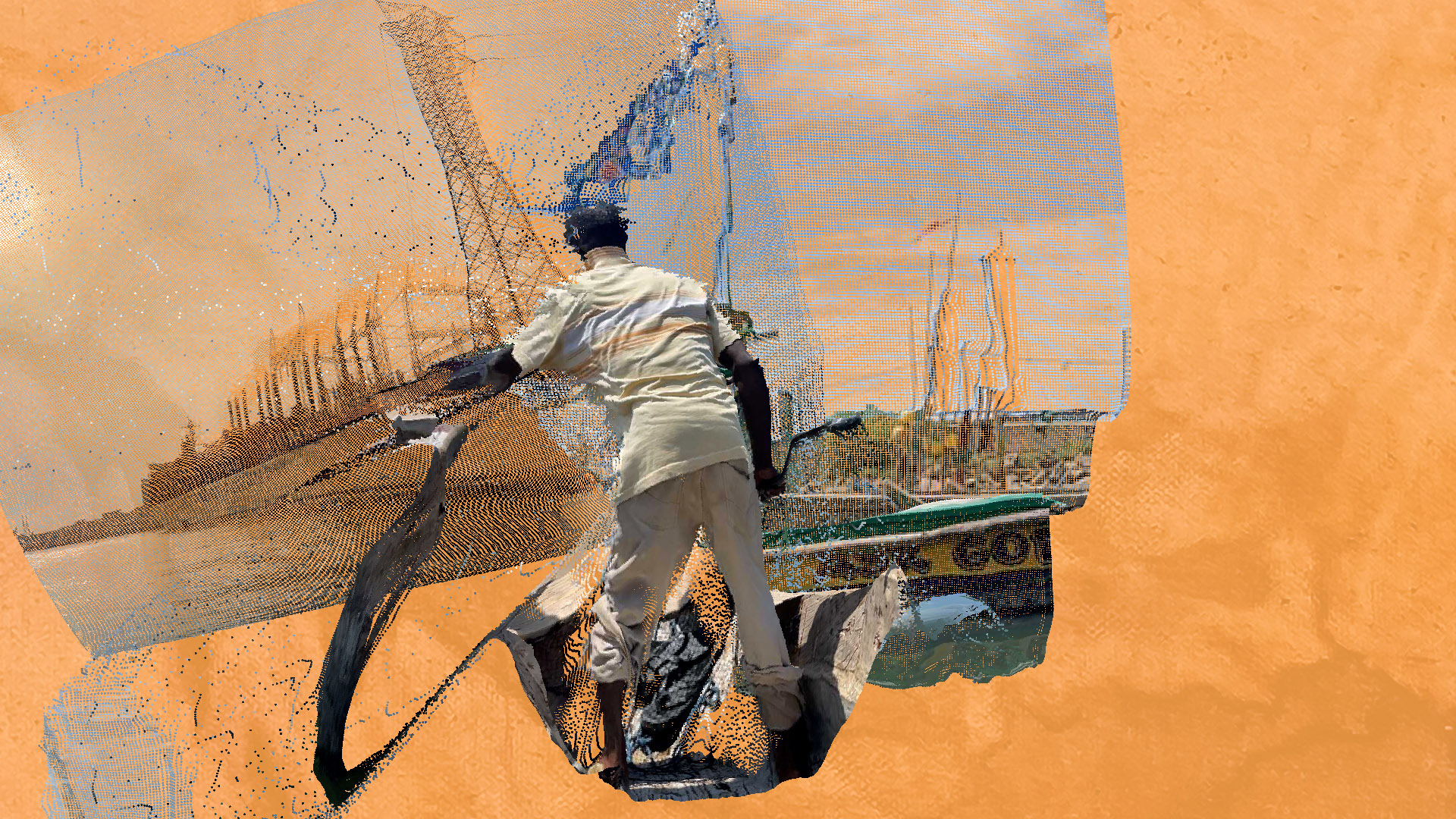 A digital artwork featuring a person in light-colored clothing standing with their back to the viewer, holding onto a large piece of fabric or net. The background is an abstract blend of orange and beige tones with distorted images of industrial structures and boats.