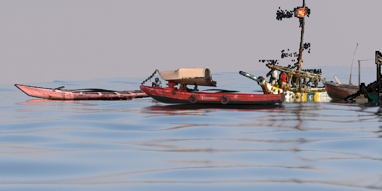 Three weathered boats on calm water: a faded pink canoe, a red motorboat with a canopy, and a colorful fishing boat with a tall mast.