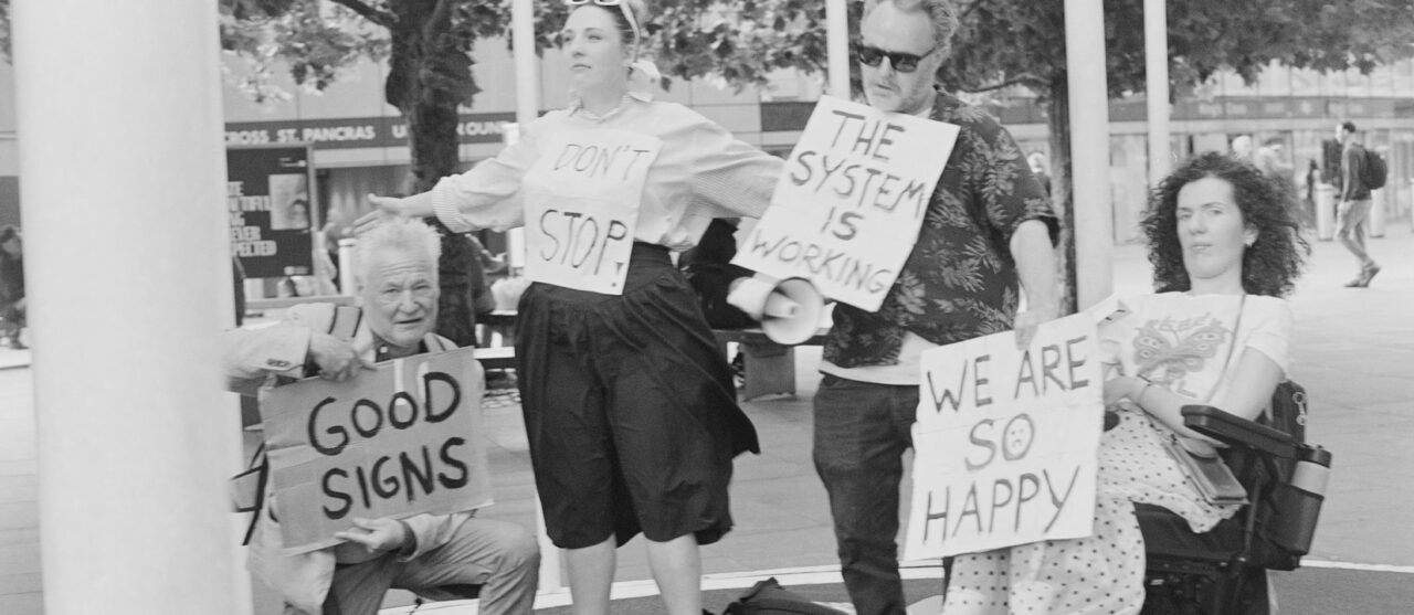A Wonderful Protest at The King's Cross station, London, UK. Anna Li, Simon Raven, Aaron Williamson, and Alana Young. Photo by Olena Litvinova. 02 June, 2026